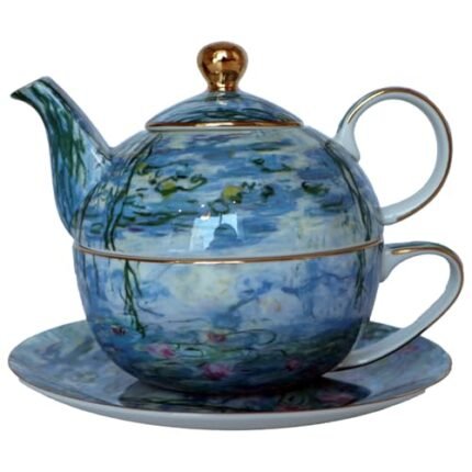 13安士瓷器一體式茶壺杯套裝，復古花卉陶瓷茶具，歐式茶壺茶杯碟三件套（水蓮花款）