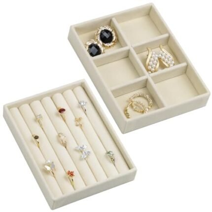 首飾收納盒 首飾抽屜收納盤 耳環戒指項鍊收納展示盒（米色，戒指＋6格收納盤）